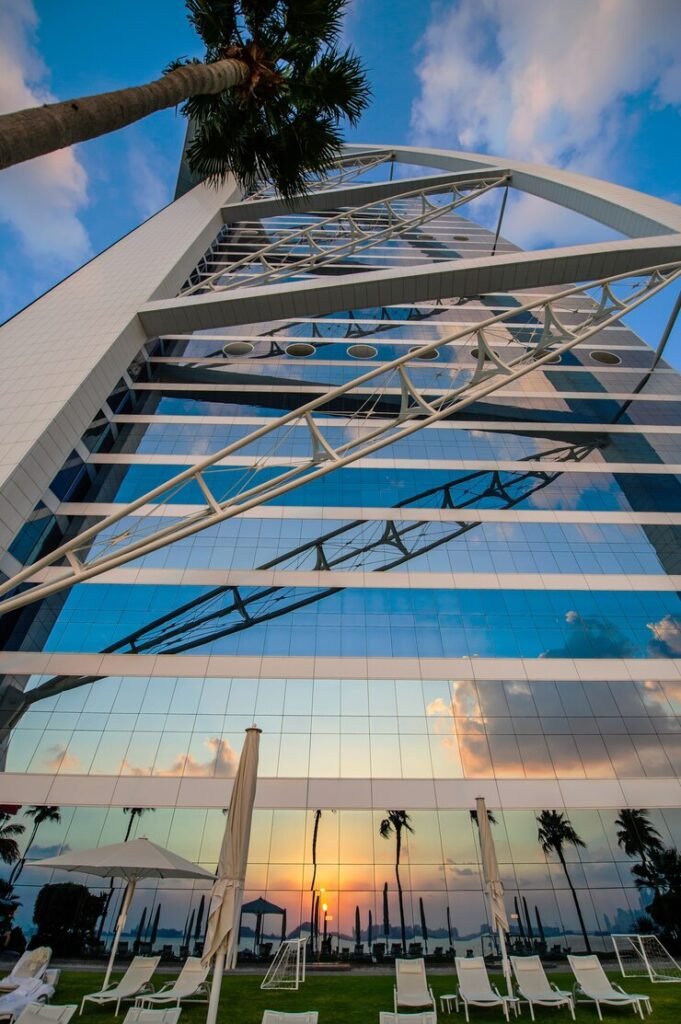a tall building with a large metal frame